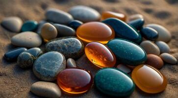 ai generado hermosa playa de colores piedras en el playa lado con olas a el noche, fósforo piedras, de colores playa piedras antecedentes foto