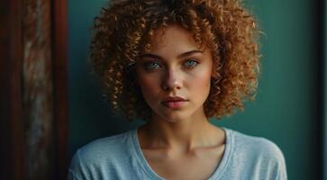 AI generated portrait of a fashion woman, curly hairs of a woman, portrait of a pretty young fashion model, pretty fashion girl in studio, curly haired woman photo