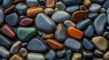 AI generated beautiful beach colored stones in the beach side with waves at the night, phosphorus stones, colored beach stones background photo