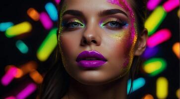 ai generado retrato de un mujer con creativo hacer arriba, bonito joven mujer uv neón pigmento maquillaje fluorescente colores, oscuro fondo, uv maquillaje foto