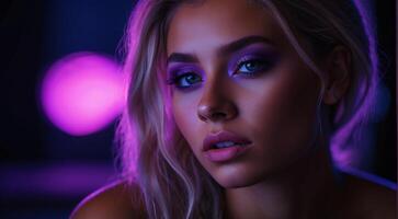 AI generated portrait of a woman with creative make up, pretty young woman UV Neon Pigment Makeup Fluorescent colors, dark background, UV makeup photo