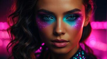 ai generado retrato de un mujer con creativo hacer arriba, bonito joven mujer uv neón pigmento maquillaje fluorescente colores, oscuro fondo, uv maquillaje foto