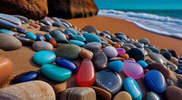 AI generated beautiful beach colored stones in the beach side with waves at the night, phosphorus stones, colored beach stones background photo