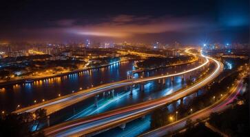 AI generated Colorful car light trails, long exposure photo at night, fantastic night scene, top view, a long exposure photo at the night