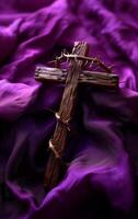 AI generated Wood cross and a crown of thorns over soft purple fabric for easter. Catholicism symbol. photo