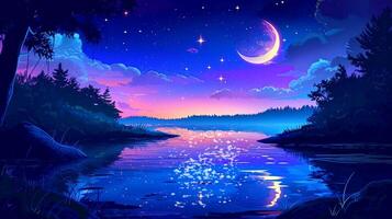AI generated A serene lake reflecting the vibrant colors of a night moon and star. Fantasy landscape anime or cartoon style, seamless looping 4k time-lapse virtual video animation background
