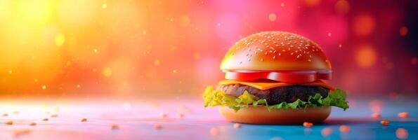AI generated Delicious burger over blurred and colorful background with empty space for text. photo