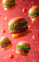 AI generated Delicious flying burgers over blurred and colorful background with empty space for text. photo