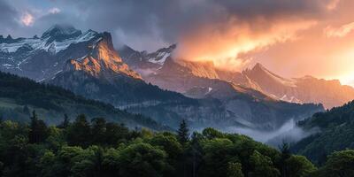 ai generado suizo Alpes Nevado montaña rango con valles y prados, campo en Suiza paisaje. dorado hora majestuoso ardiente puesta de sol cielo, viaje destino fondo de pantalla antecedentes foto