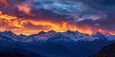 ai generado suizo Alpes Nevado montaña rango con valles y prados, campo en Suiza paisaje. dorado hora majestuoso ardiente puesta de sol cielo, viaje destino fondo de pantalla antecedentes foto