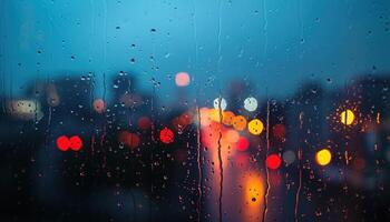 AI generated Rainy window with blurry city lights in the background. Bokeh out of focus blur, gloomy weather, melancholic mood, sadness, longing, depression concept backdrop photo