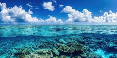 ai generado genial barrera arrecife en el costa de queensland, Australia marina. coral mar marina ecosistema submarino división ver con un azul luz cielo fondo de pantalla antecedentes foto