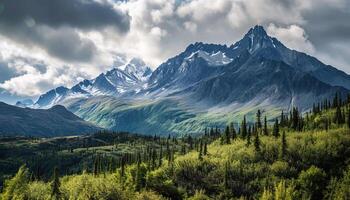 ai generado Nevado montañas de Alaska, paisaje con bosques, valles, y ríos en tiempo de día. sereno desierto naturaleza composición antecedentes fondo de pantalla, viaje destino, aventuras al aire libre foto