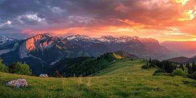 AI generated Swiss Alps snowy mountain range with valleys and meadows, Switzerland landscape. Golden hour sunset, serene idyllic panorama, majestic nature, relaxation, calmness concept photo