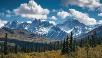 ai generado Nevado montañas de Alaska, paisaje con bosques, valles, y ríos en tiempo de día. asombroso naturaleza composición antecedentes fondo de pantalla, viaje destino, aventuras al aire libre foto