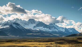 ai generado Nevado montañas de Alaska, paisaje con bosques, valles, y ríos en tiempo de día. asombroso naturaleza composición antecedentes fondo de pantalla, viaje destino, aventuras al aire libre foto