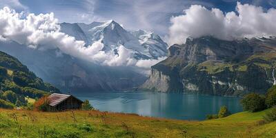 ai generado suizo Alpes montaña rango con lozano bosque valles y prados, campo en Suiza paisaje. sereno idílico panorama, majestuoso naturaleza, relajación, calma concepto foto