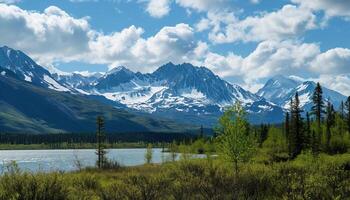 ai generado Nevado montañas de Alaska, paisaje con bosques, valles, y ríos en tiempo de día. sereno desierto naturaleza composición antecedentes fondo de pantalla, viaje destino, aventuras al aire libre foto