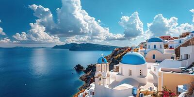 ai generado santorini thira isla en del Sur Egeo mar, Grecia tiempo de día. fira y oia pueblo con blanco casas con vista a acantilados, playas, y pequeño islas panorama antecedentes fondo de pantalla foto