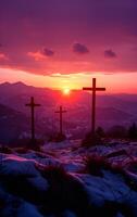 ai generado crucifixión y Resurrección de Jesús a puesta de sol. Tres de madera cruces en contra hermosa puesta de sol en el montañas. catolicismo simbolos Pascua de Resurrección concepto. foto