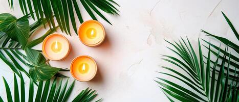AI generated Top view image of candles and palm leaves for spa concept with empty space for text. Calmness, wellbeing and selfcare. photo
