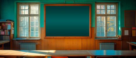 AI generated Nice classroom image with chalkboard and tables with empty space for text. Back to school concept. photo