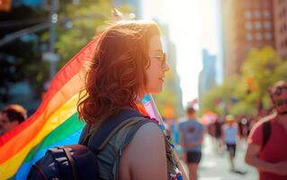 ai generado personas a orgullo desfile con arco iris banderas lgbtq celebracion marzo. foto