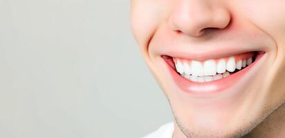 AI generated Close up of beautiful male smile with white teeth over plane background. Header image with empty space for text. photo