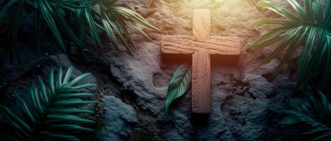 ai generado madera cruzar y palma hojas terminado Roca antecedentes para Pascua de Resurrección. catolicismo símbolo. foto
