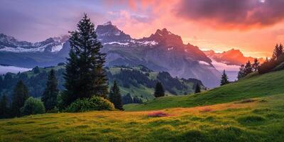 AI generated Swiss Alps snowy mountain range with valleys and meadows, Switzerland landscape. Golden hour sunset, serene idyllic panorama, majestic nature, relaxation, calmness concept photo