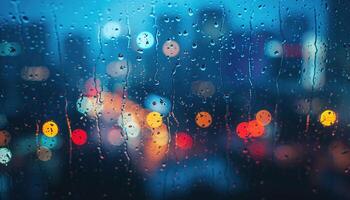 AI generated Rainy window with blurry city lights in the background. Bokeh out of focus blur, gloomy weather, melancholic mood, sadness, longing, depression concept backdrop photo
