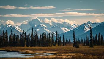 AI generated Snowy mountains of Alaska, landscape with forests, valleys, and rivers in daytime. Serene wilderness nature composition background wallpaper, travel destination, adventure outdoors photo