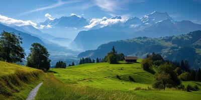 AI generated Swiss Alps mountain range with lush forest valleys and meadows, countryside in Switzerland landscape. Snowy mountain tops in the horizon, travel destination wallpaper background photo