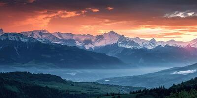 AI generated Swiss Alps snowy mountain range with valleys and meadows, Switzerland landscape. Golden hour sunset, serene idyllic panorama, majestic nature, relaxation, calmness concept photo