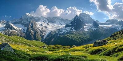 ai generado suizo Alpes montaña rango con lozano bosque valles y prados, campo en Suiza paisaje. sereno idílico panorama, majestuoso naturaleza, relajación, calma concepto foto