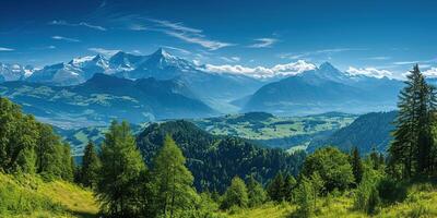 ai generado suizo Alpes montaña rango con lozano bosque valles y prados, campo en Suiza paisaje. Nevado montaña tapas en el horizonte, viaje destino fondo de pantalla antecedentes foto