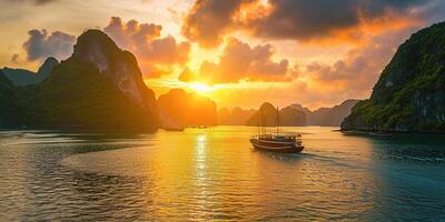 ai generado decir ah largo bahía, halong bahía mundo patrimonio sitio, caliza islas, Esmeralda aguas con barcos en provincia, Vietnam. atardecer, viaje destino, natural preguntarse paisaje antecedentes fondo de pantalla foto