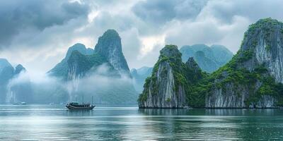 AI generated Ha Long Bay, Halong bay World Heritage Site, limestone islands, emerald waters with boats in province, Vietnam. Travel destination, natural wonder landscape background wallpaper photo