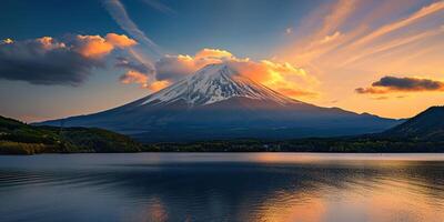 AI generated Mt. Fuji, mount Fuji-san tallest volcano mountain in Tokyo, Japan. Snow capped peak, conical sacred symbol, purple, orange sunset nature landscape backdrop background wallpaper, travel photo