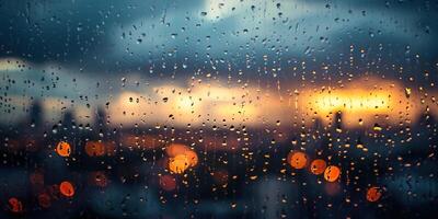 AI generated Rainy window with blurry city lights in the background at sunset. Bokeh out of focus blur, cold weather, melancholic mood, golden hour sunrays, longing concept backdrop photo