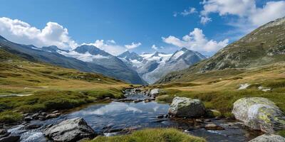 AI generated Swiss Alps mountain range with lush forest valleys and meadows, countryside in Switzerland landscape. Snowy mountain tops in the horizon, travel destination wallpaper background photo