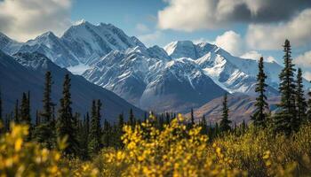 ai generado Nevado montañas de Alaska, paisaje con bosques, valles, y ríos en tiempo de día. asombroso naturaleza composición antecedentes fondo de pantalla, viaje destino, aventuras al aire libre foto