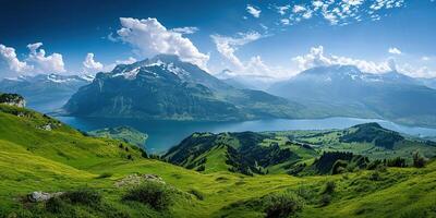 ai generado suizo Alpes montaña rango con lozano bosque valles y prados, campo en Suiza paisaje. Nevado montaña tapas en el horizonte, viaje destino fondo de pantalla antecedentes foto