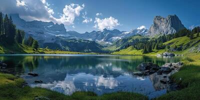 AI generated Swiss Alps mountain range with lush forest valleys and meadows, countryside in Switzerland landscape. Snowy mountain tops in the horizon, travel destination wallpaper background photo