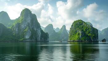 ai generado decir ah largo bahía, halong bahía mundo patrimonio sitio, caliza islas, Esmeralda aguas con barcos en provincia, Vietnam. viaje destino, natural preguntarse paisaje antecedentes fondo de pantalla foto