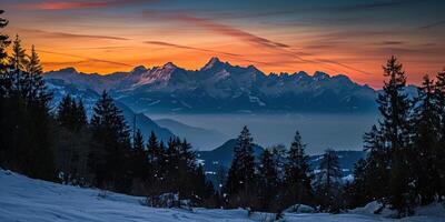 AI generated Swiss Alps snowy mountain range with valleys and meadows, countryside in Switzerland landscape. Golden hour majestic fiery sunset sky, travel destination wallpaper background photo