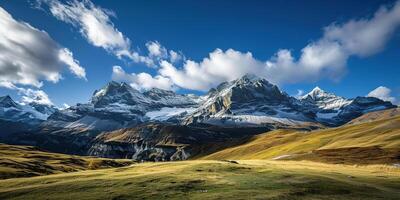 ai generado suizo Alpes montaña rango con lozano bosque valles y prados, campo en Suiza paisaje. sereno idílico panorama, majestuoso naturaleza, relajación, calma concepto foto