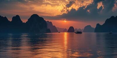 ai generado decir ah largo bahía, halong bahía mundo patrimonio sitio, caliza islas, Esmeralda aguas con barcos en provincia, Vietnam. atardecer, viaje destino, natural preguntarse paisaje antecedentes fondo de pantalla foto