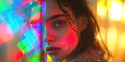 ai generado joven mujer modelo en su 20s posando en un prisma manchado vaso arco iris espectro brillante color Encendiendo. natural belleza, juventud, cara piel cuidado, Moda y maquillaje concepto antecedentes foto