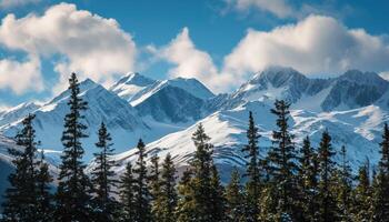 ai generado Nevado montañas de Alaska, paisaje con bosques, valles, y ríos en tiempo de día. sereno desierto naturaleza composición antecedentes fondo de pantalla, viaje destino, aventuras al aire libre foto